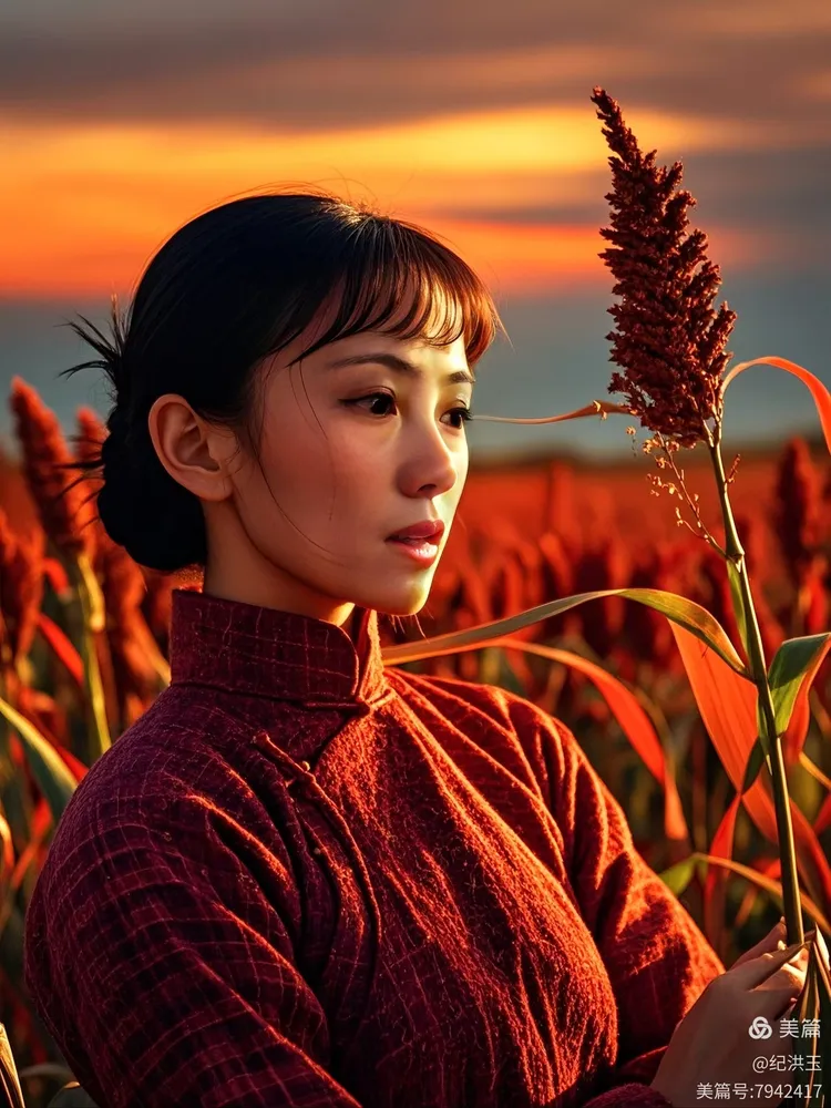 夕阳下的她,手中握着一株红高粱,静静地望着前方